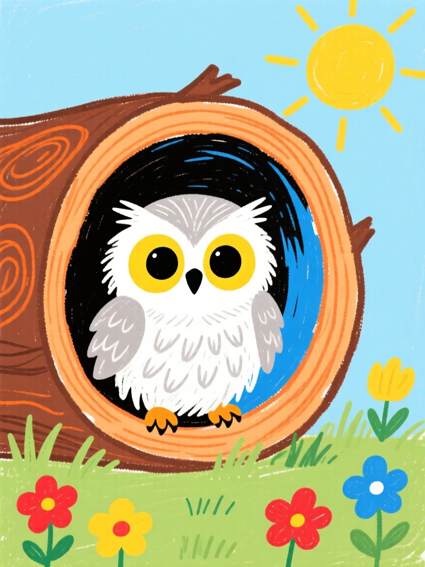A downy owlet peeking out from a hollow log.