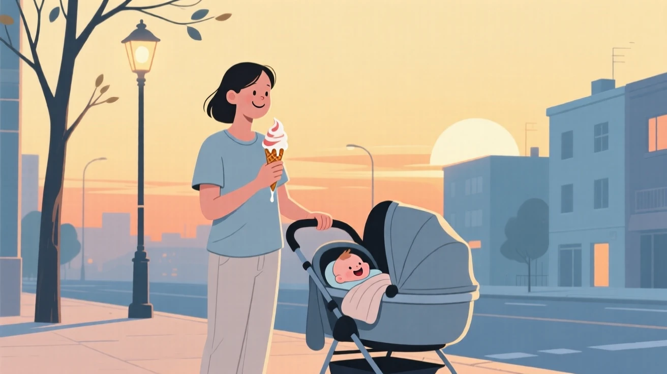 A new parent enjoying an ice cream cone on a quiet summer evening in the city.