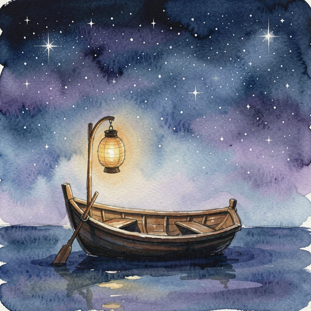 A lantern-lit boat sailing through a starry sky.
