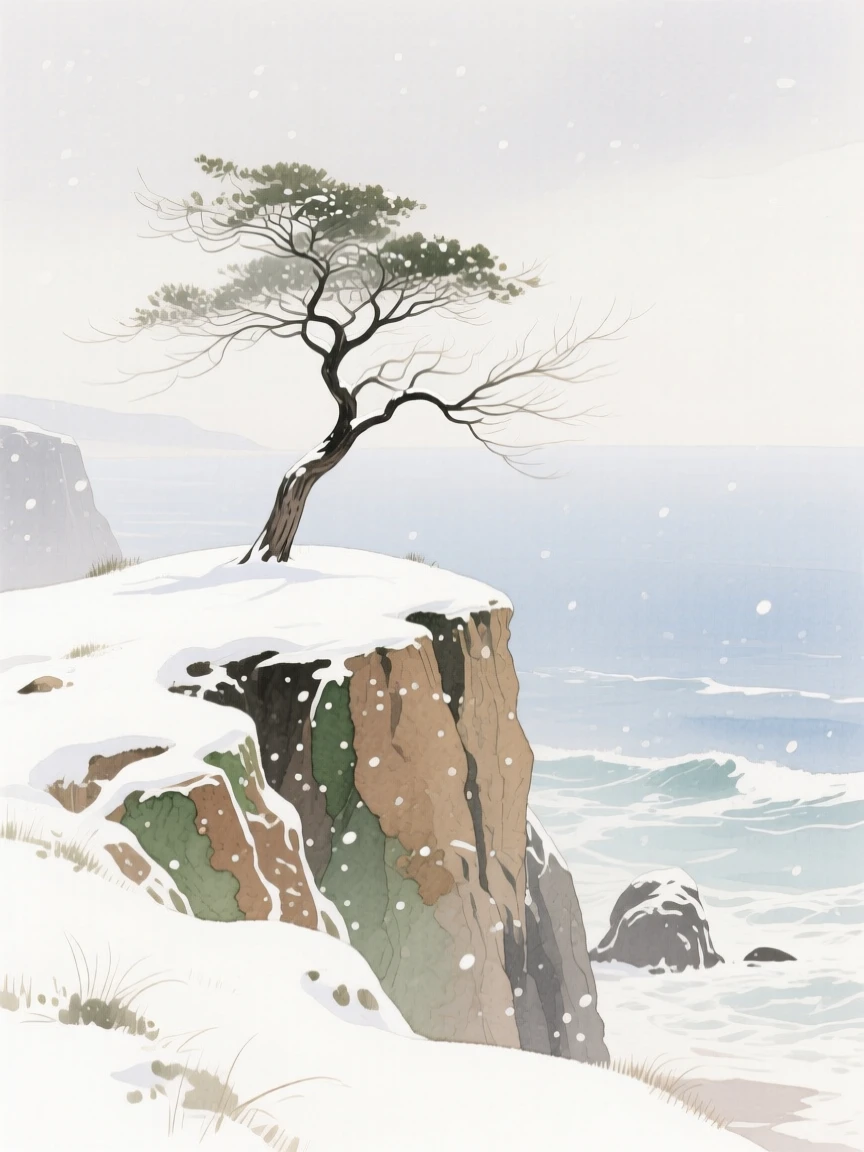 A breathtaking view of a windswept coastal cliff during a gentle snowfall, where a lone tree stands on a ridge