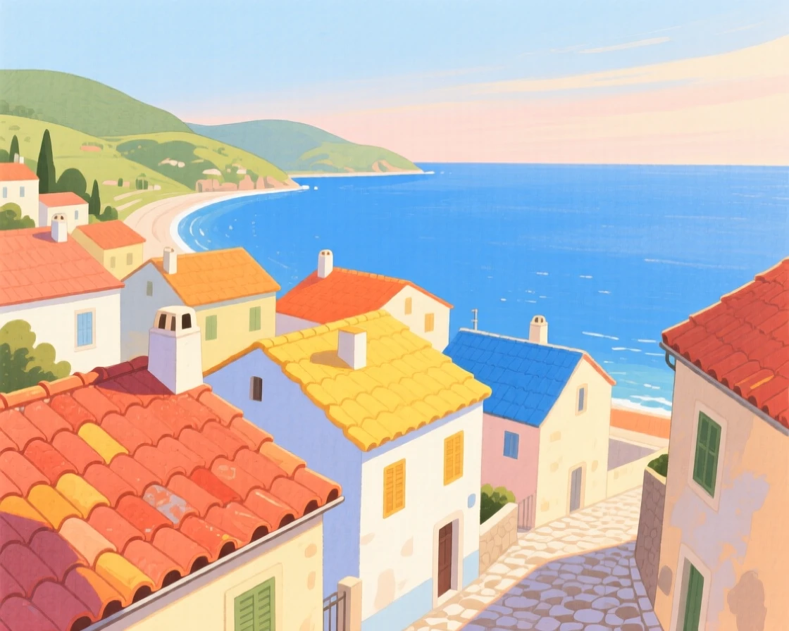 The colorful rooftops of a Mediterranean coastal village, glowing in warm afternoon light.