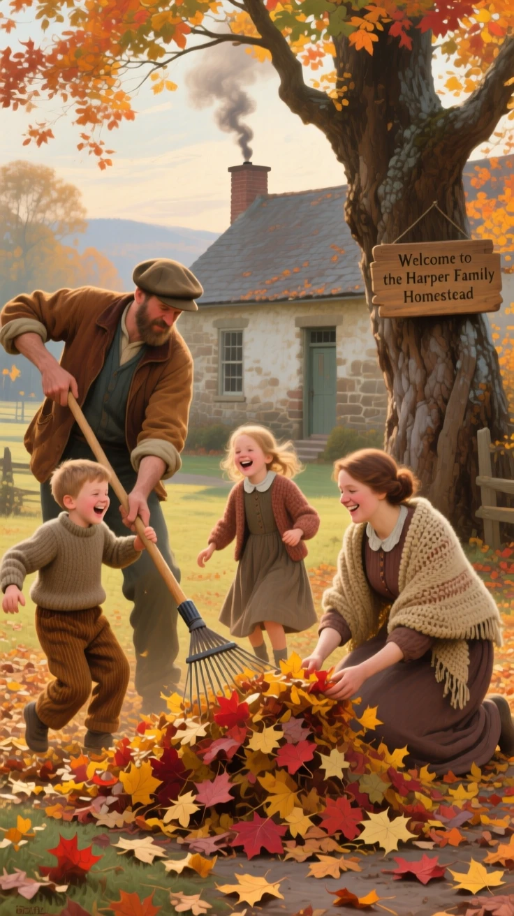 A family raking autumn leaves into a giant pile before jumping in, as laughter and genuine joy fill the entire scene, celebrating the simple, universal joys of family life