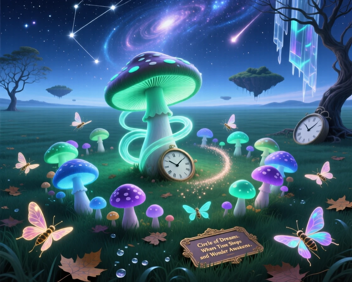 A mushroom ring glowing faintly under a starlit sky stands alone in the center of an otherwise empty field, as tiny insects drift lazily around its blossoms.