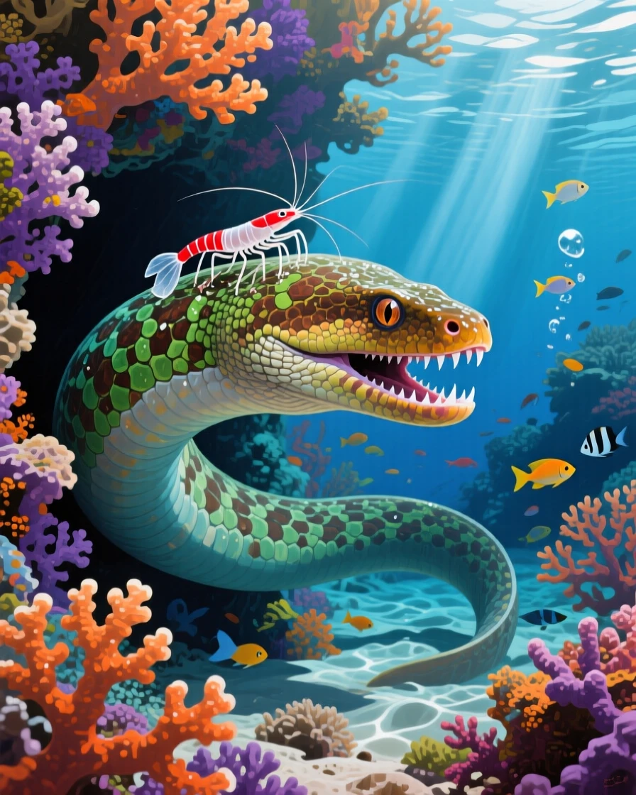 A moray eel peers out from a crevice in a coral reef, its mouth opening and closing rhythmically as small cleaner shrimp move across its skin, its expression conveying a quiet intelligence as it surveys the world around it.