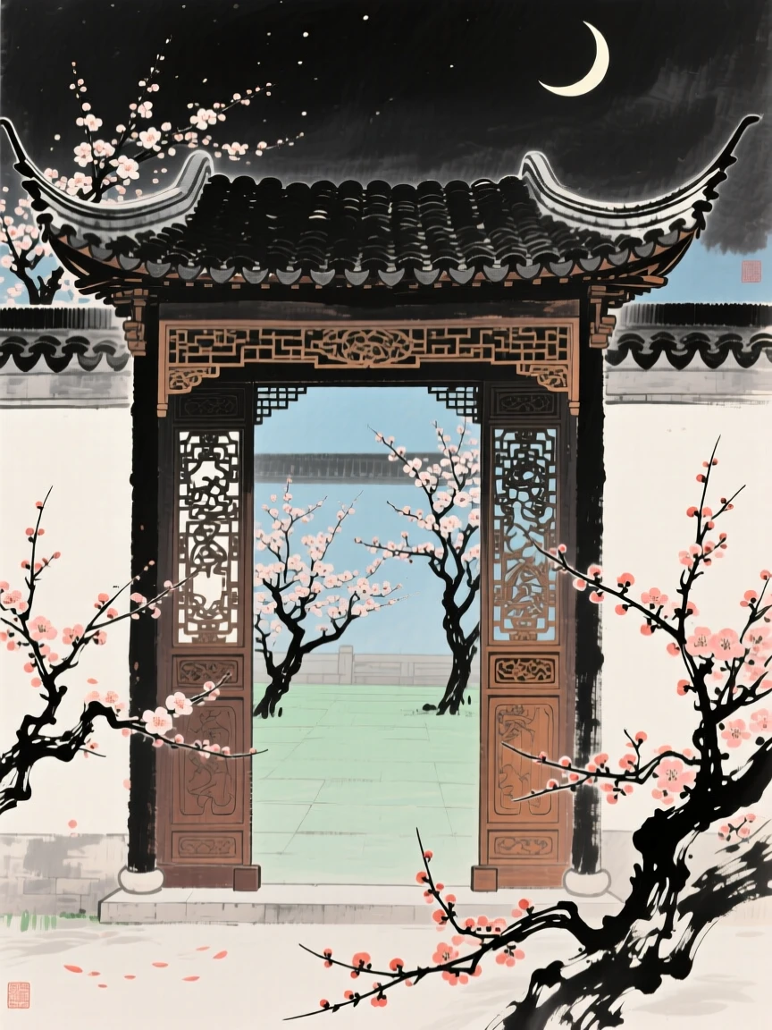 An ornate gateway leading into a courtyard of blooming plum trees, filled with tranquil stillness, in a warm breeze carrying the scent of blossoms, beneath a crescent moon.