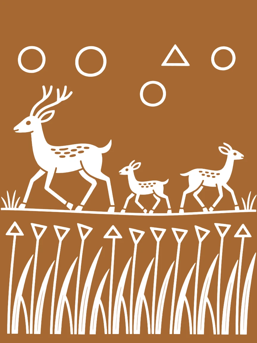 A family of deer crossing a field of tall grass.