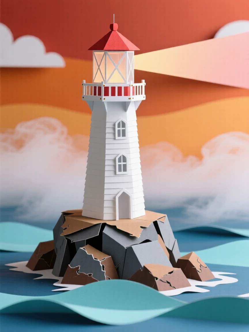 A solitary lighthouse on a rocky point under a blazing orange sunset, with mist curling low across the water, evoking serene, meditative contemplation.