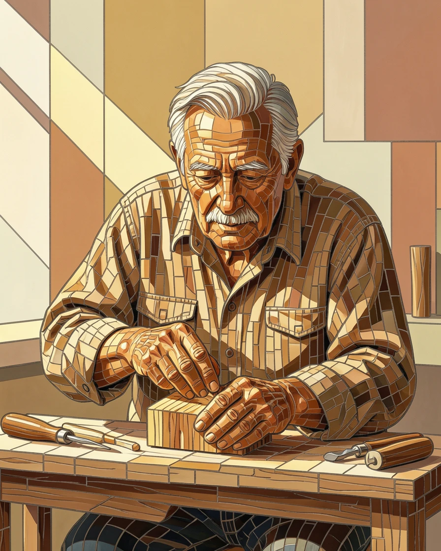 A warm, expressive portrait of an elderly craftsman carefully carving wood in his sunlit workshop, with soft natural lighting and rich emotional detail.