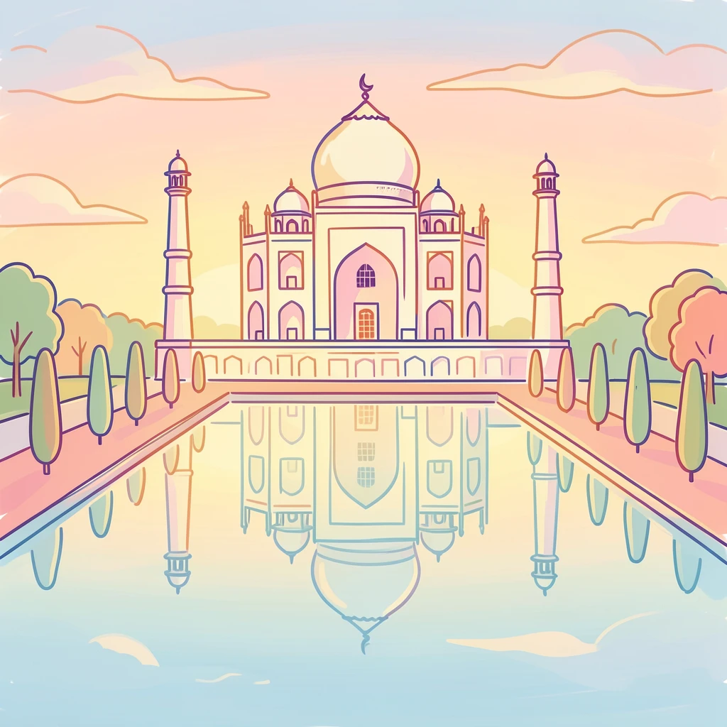 The Taj Mahal reflected in its garden pool at sunrise.