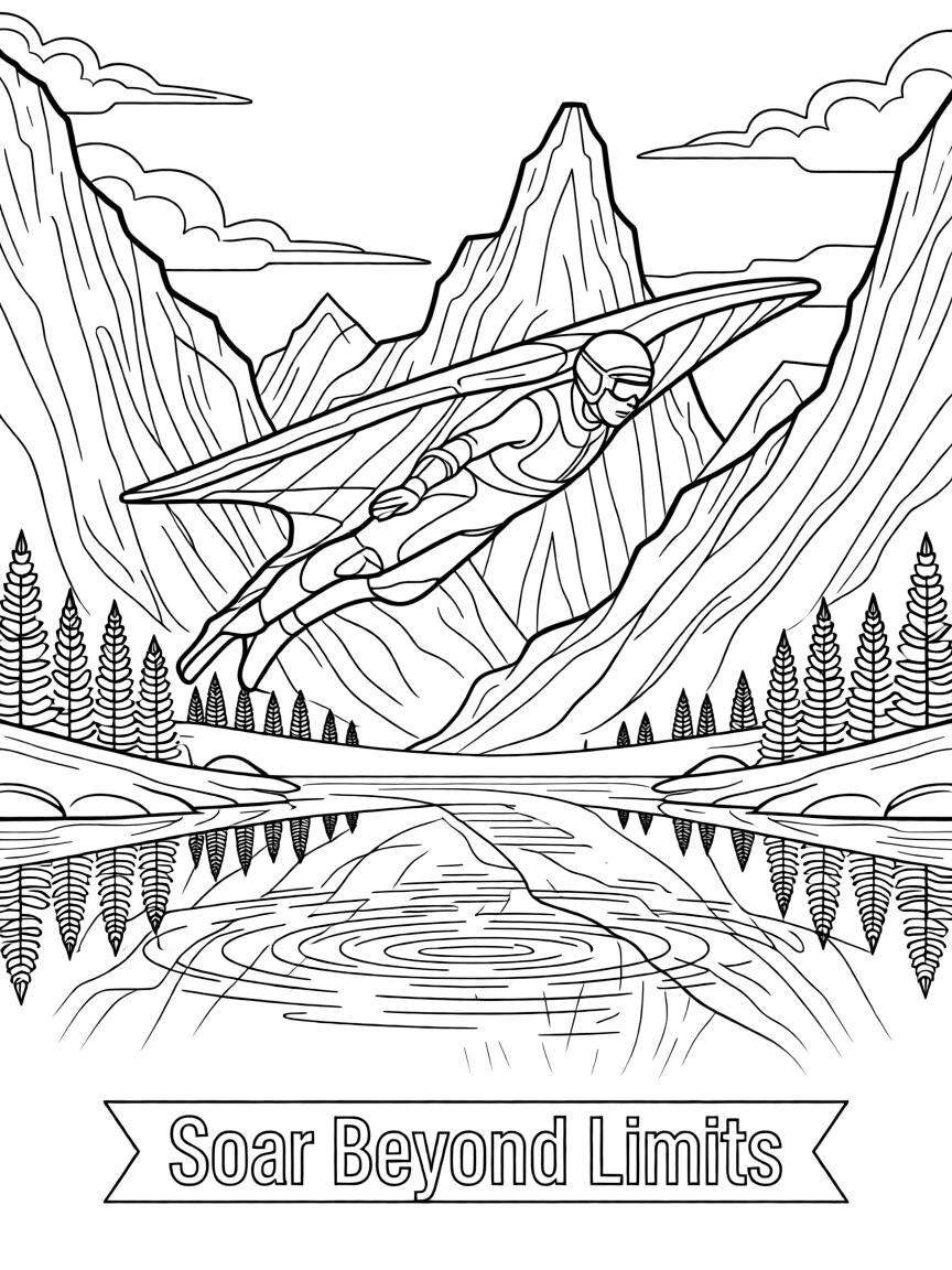 A wingsuit flyer soaring between mountain peaks, with reflections shimmering on the water's surface.