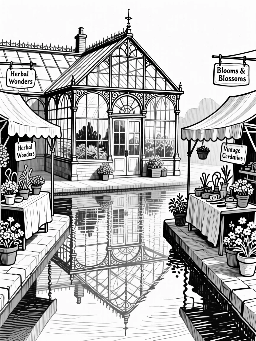 A victorian greenhouse conservatory reflected in a still canal, featuring market stalls tucked into the corners, rendered in a quietly charming architectural composition.