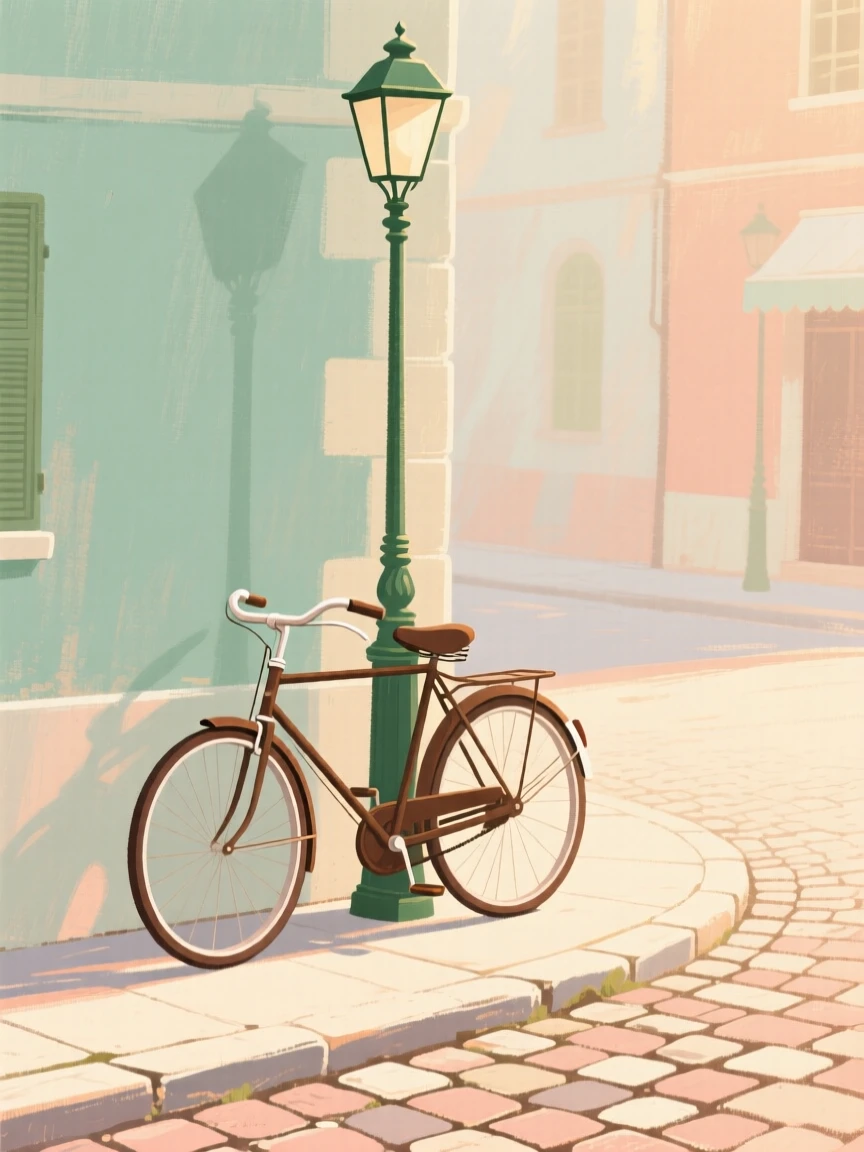 An old bicycle leaning against a lamppost on a cobbled street