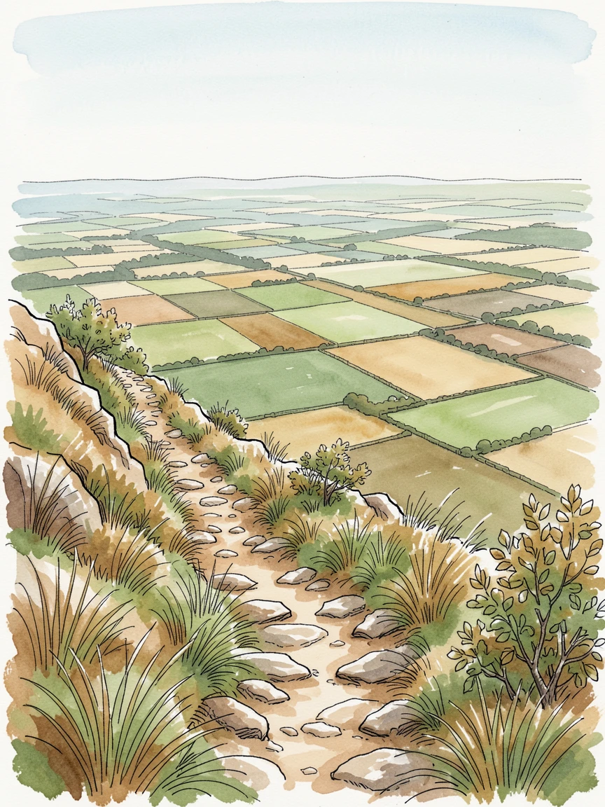 A steep ridge trail overlooking a patchwork valley far below, a gentle breeze rippling through the grass and leaves.
