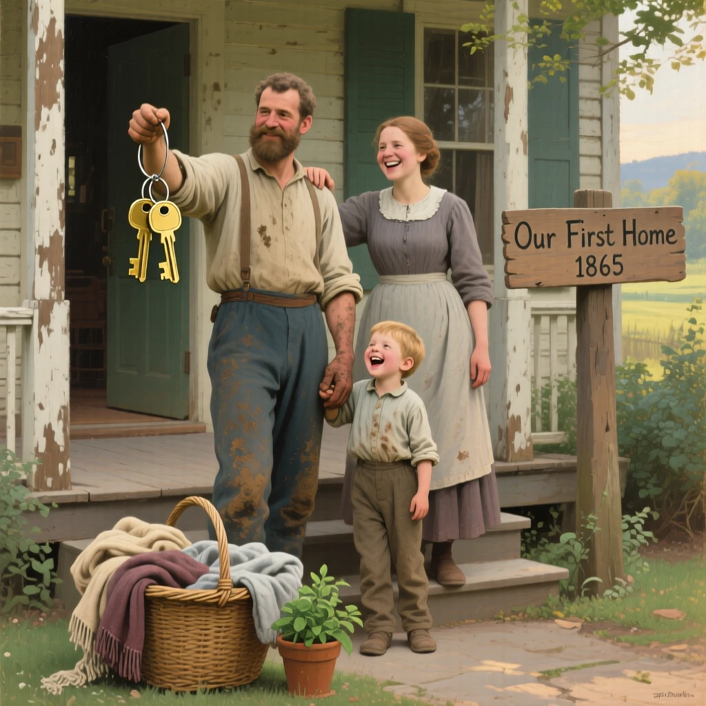 A young family moving into their first house, keys held up proudly, as laughter and genuine joy fill the entire scene, celebrating the simple, universal joys of family life