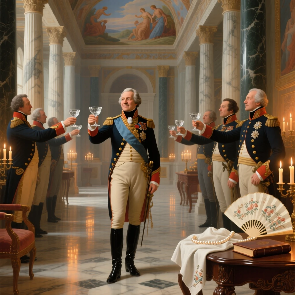 A general and his officers toasting victory in a marble hall as candlelight flickers across polished floors, set in a frescoed reception hall lined with marble columns, with a fan, a pearl necklace, and an embroidered handkerchief as quiet accents; warm candlelight pools around the principal figures against a cooler backdrop, radiating celebration, elegance, and social grace.