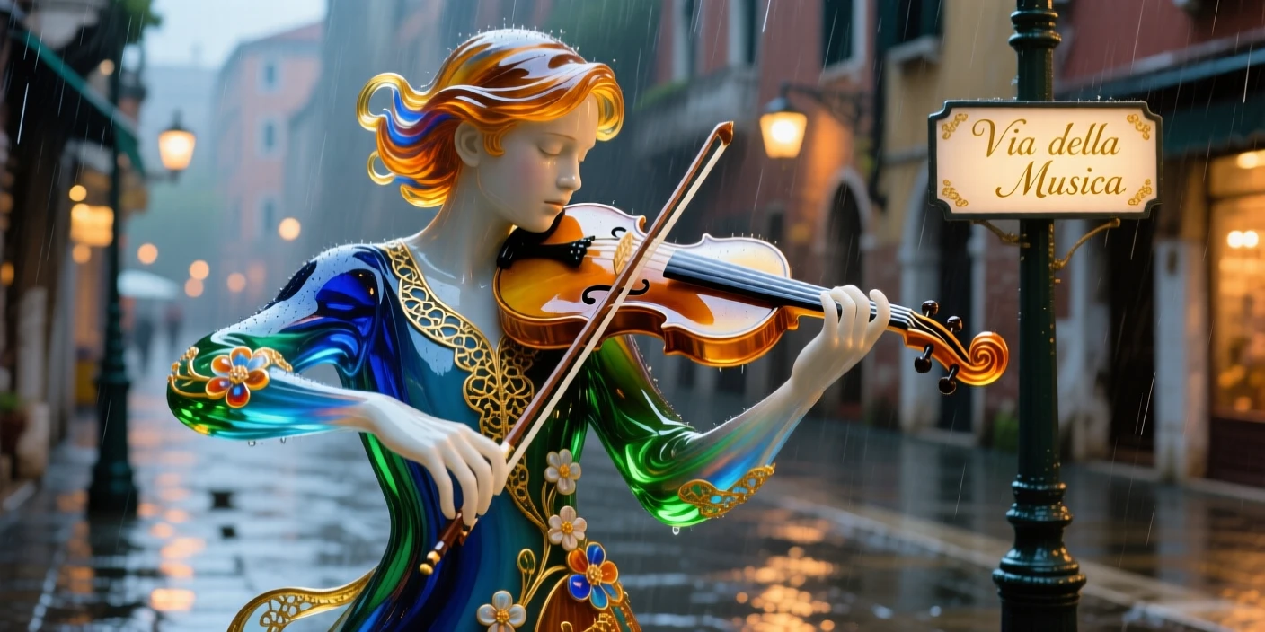 A young violinist performing passionately on a rain-soaked city street, emotional and evocative.