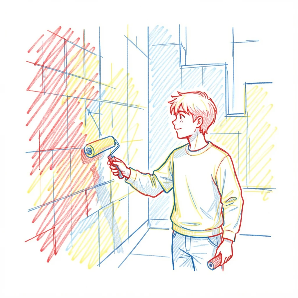 A young artist painting a mural on a sunlit city wall