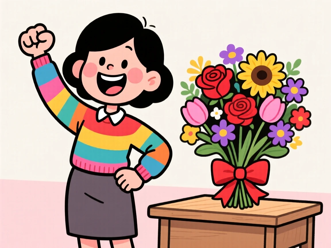 A charming portrait of a kind-hearted teacher, grinning ear to ear while striking a triumphant pose, with a colorful bouquet of flowers nearby.