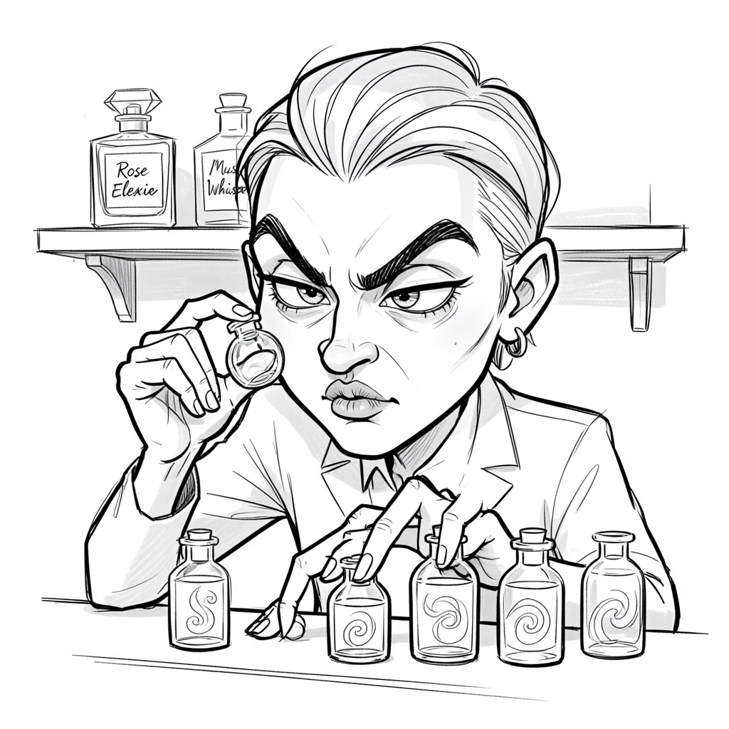 [Occupations & Hobbies] Detailed scene of a passionate perfumer blending scents in tiny glass vials, showcasing skill and dedication