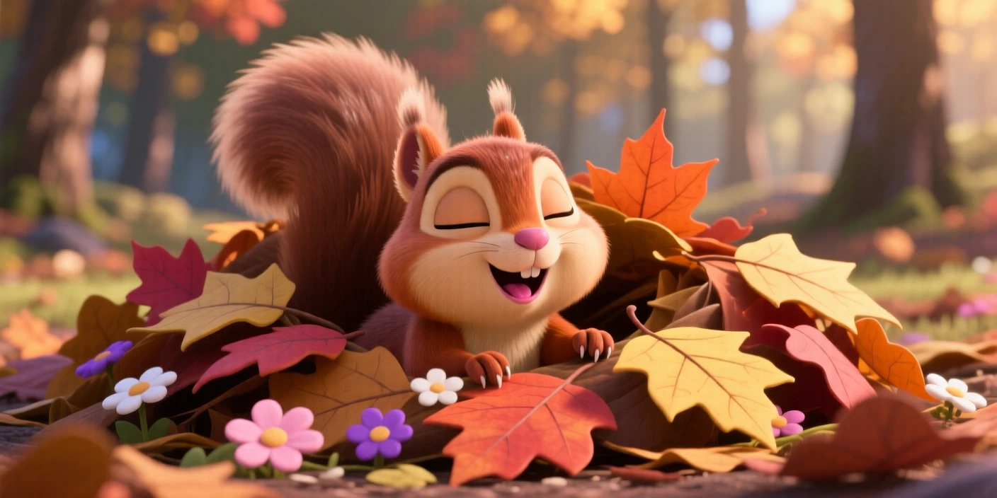 A baby squirrel is peeking out from a pile of autumn leaves, stretching after a long nap. A gentle, sleepy calm fills the moment, with a scattering of small flowers around it.