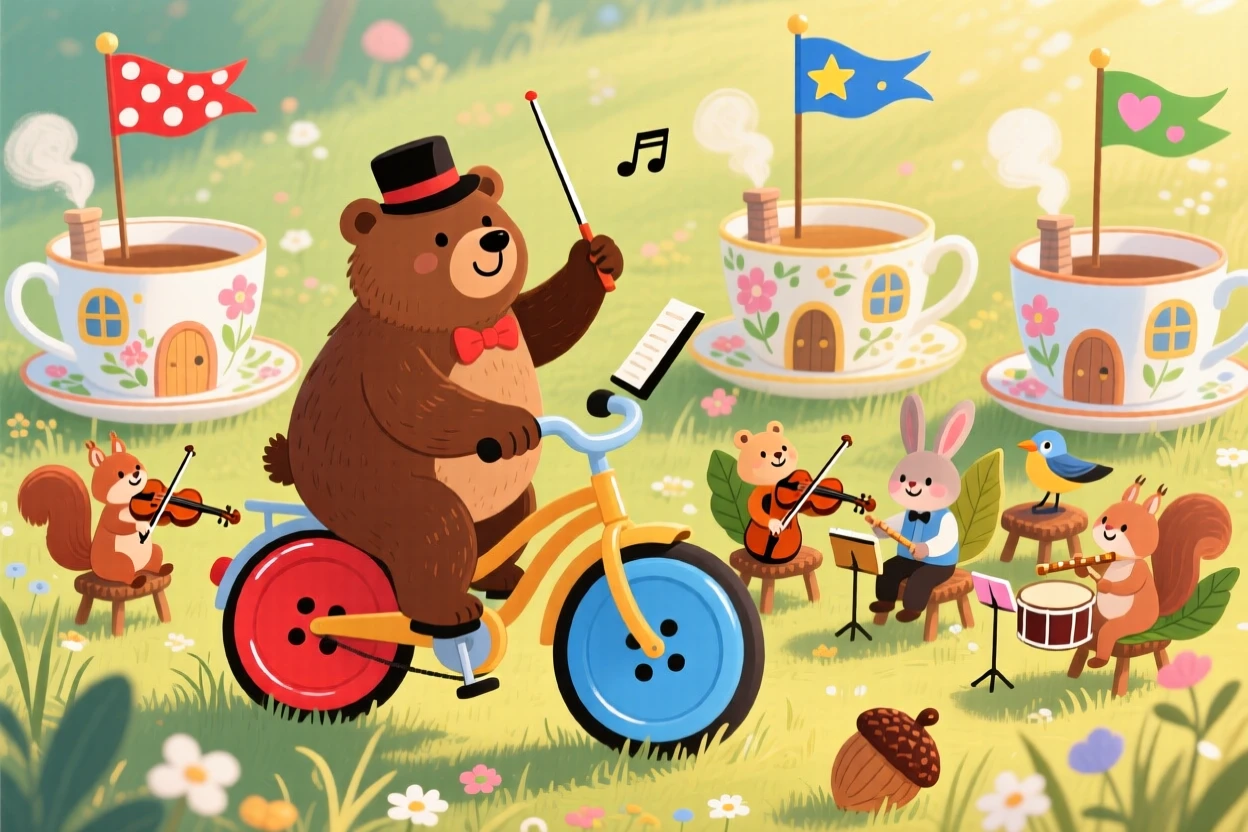 A bear conducting a tiny orchestra is riding a bicycle with mismatched wheels made of buttons in a world where teacups are houses, with tiny flags fluttering in a light breeze.