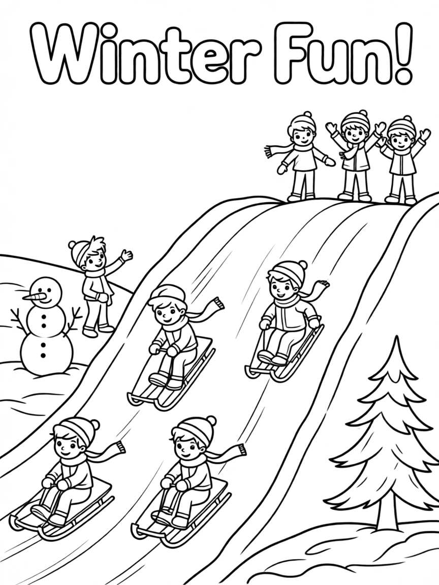 A winter sledding hill full of children in scarves and mittens