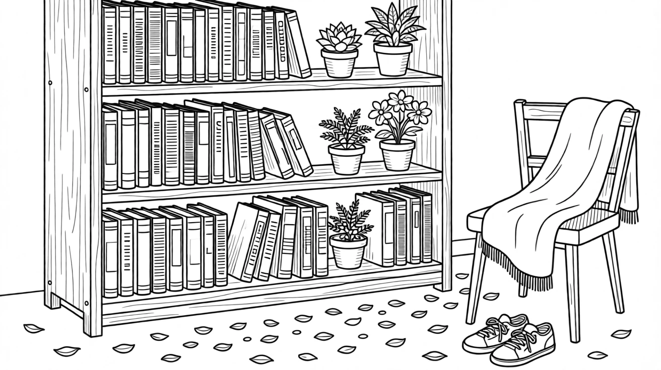 A bookshelf stacked with novels and small potted plants, with a trail of fallen petals scattered below.