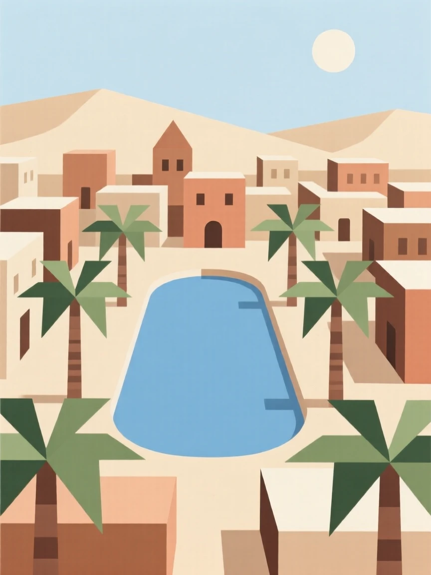 A desert oasis town with palm groves