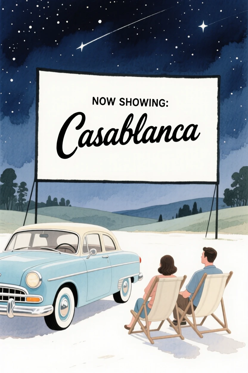 A vintage car is parked beside a drive-in movie screen as a couple watches from lawn chairs under the stars