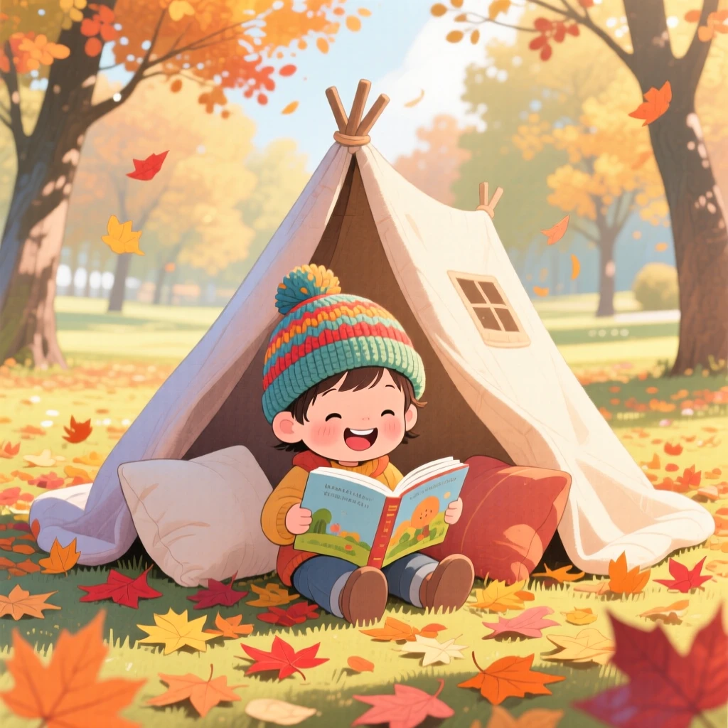 A small child in a knitted hat reading a picture book under a blanket fort, in a park filled with autumn leaves, full of innocent laughter and delight.