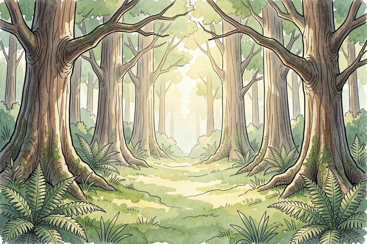 A sunlit clearing in an old growth forest carpeted with soft green moss, the air still and cool with the promise of a new day.