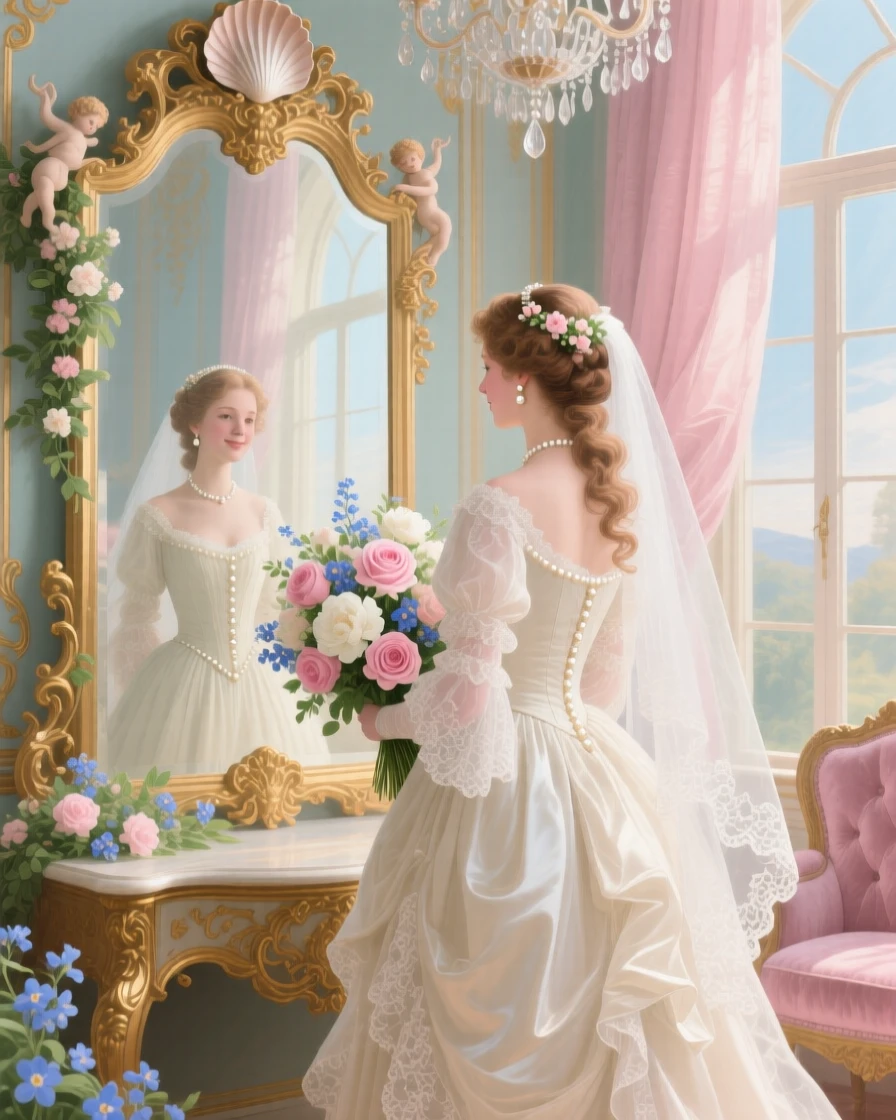 A young bride holding a bouquet while standing before a palace mirror  