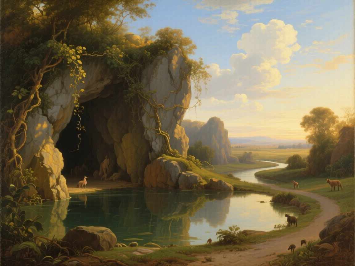 A hidden grotto with sunlight filtering through overhanging vines glowing under the last light of a fading afternoon, set beneath an expansive and ever-changing sky, with clouds mirrored perfectly in still, glassy water; a winding path or river leads the eye deep into the distance, suggesting harmony between the natural world and the soul.