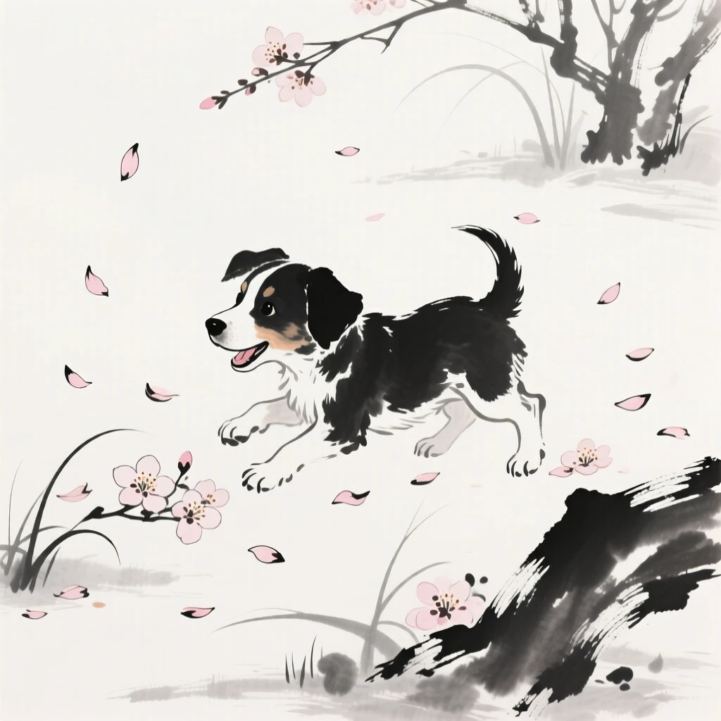 A puppy plays among fallen blossoms in a garden, as petals drift down around it.