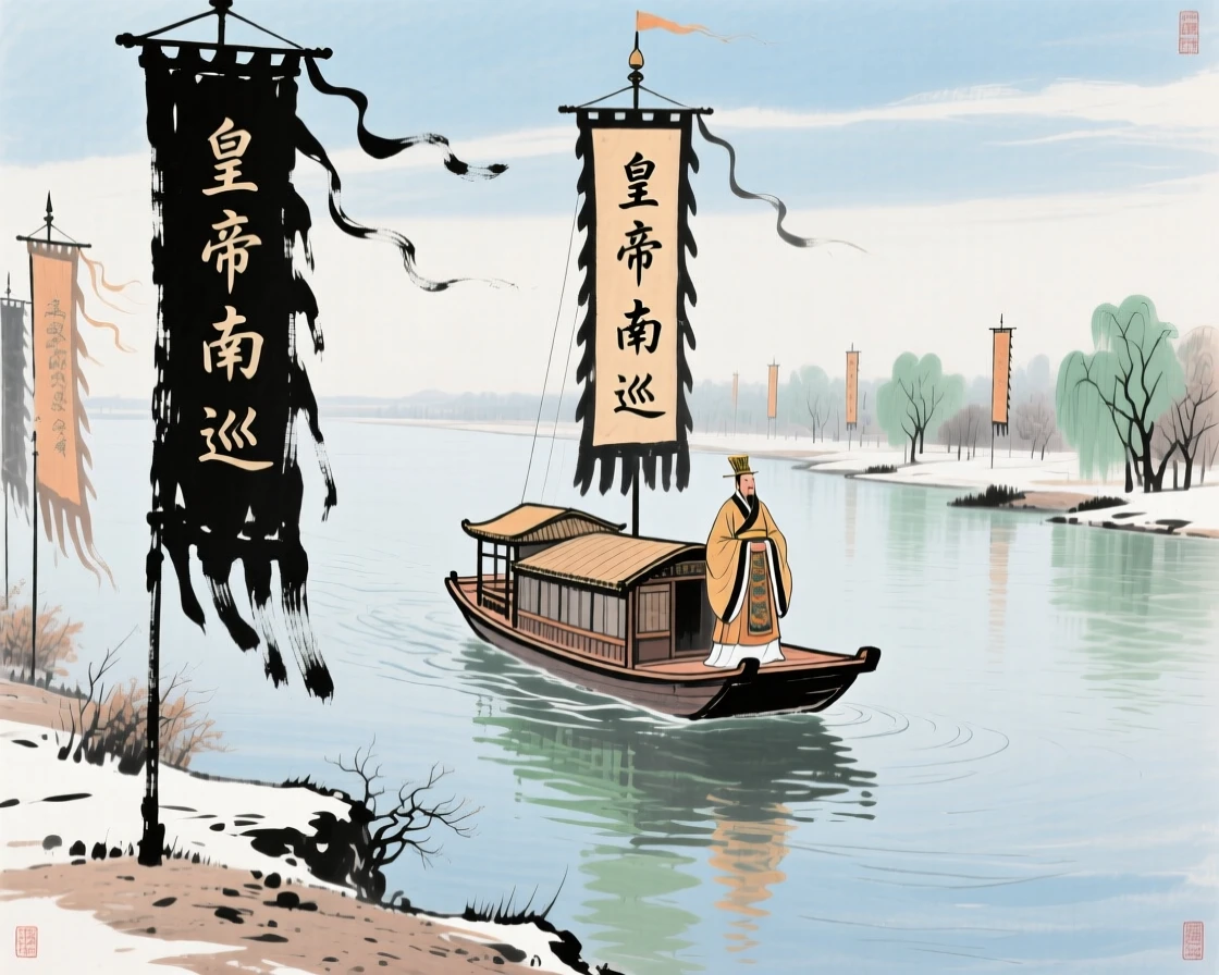An emperor's barge gliding slowly down a wide river flanked by banners, in the mild days of early winter.