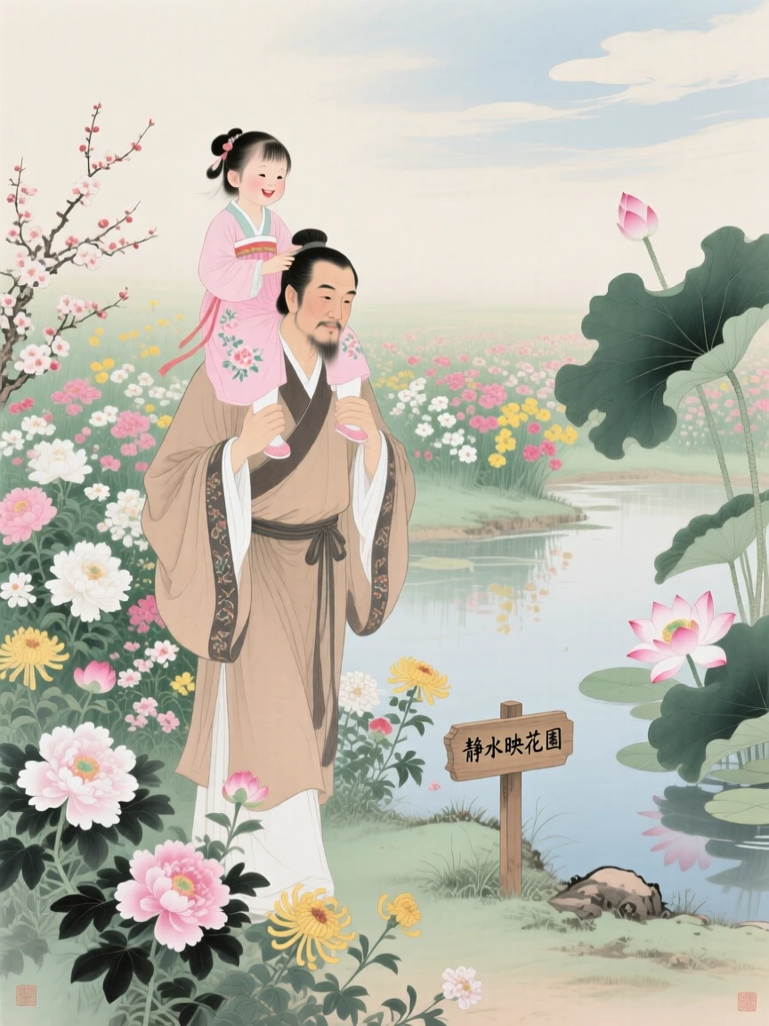 A father carrying his daughter on his shoulders through a field of flowers, beside a quiet garden pond