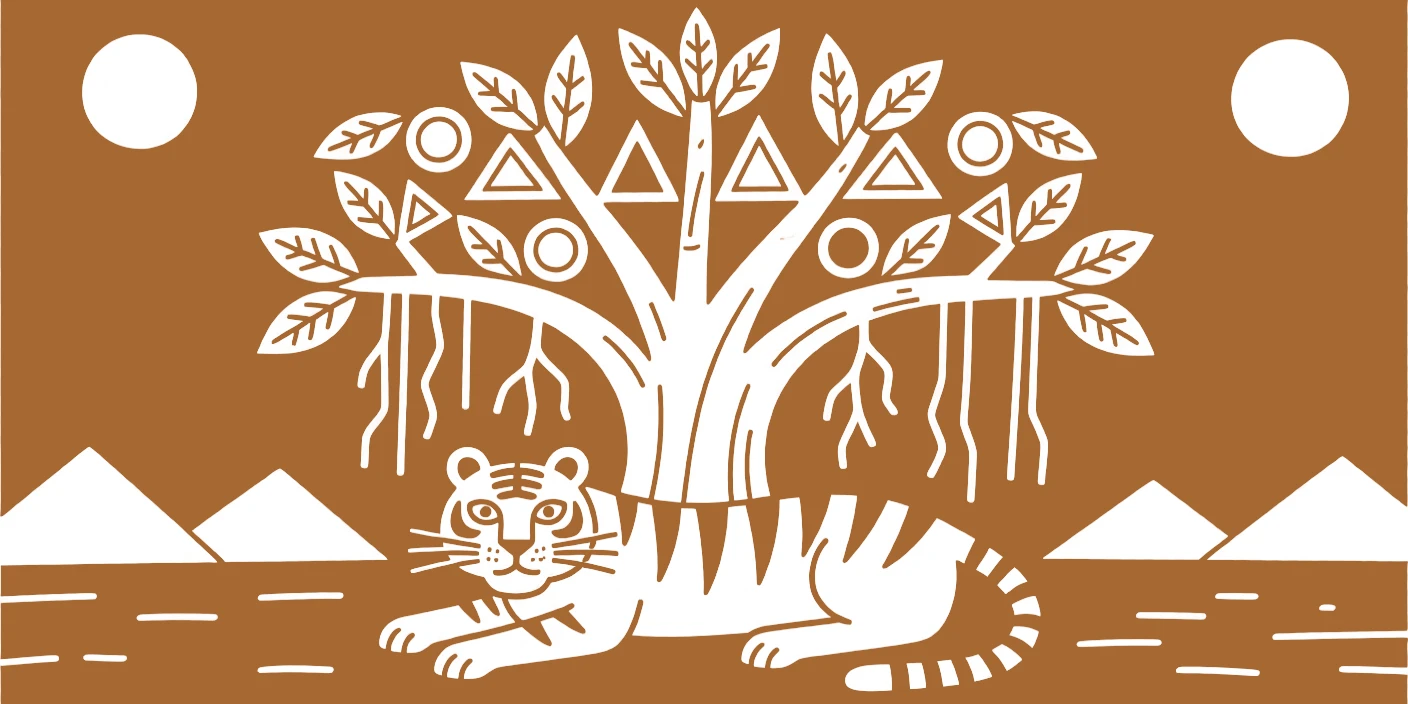 A lone tiger resting beneath a giant banyan tree.