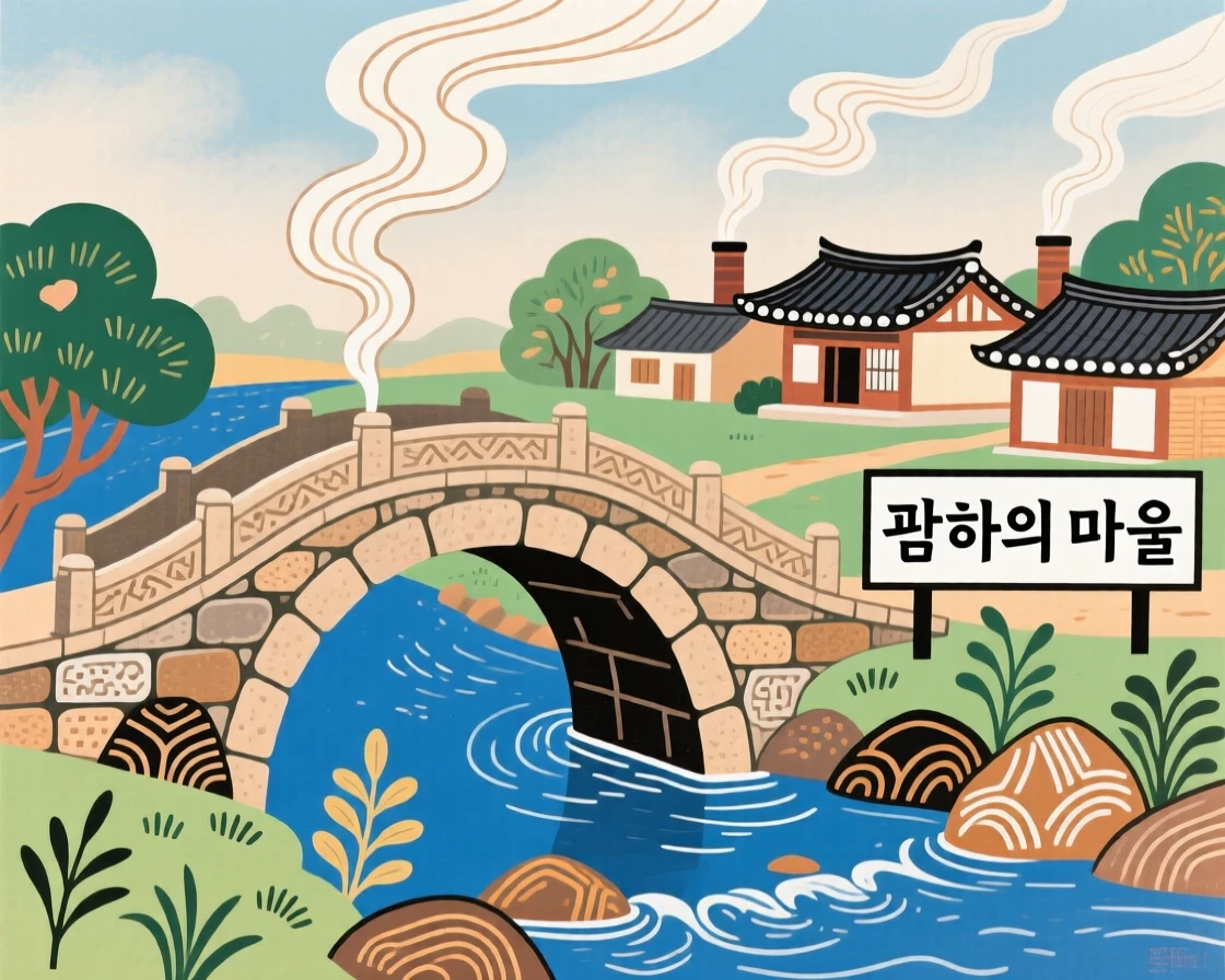 A view of a stone bridge arching over a quiet stream, with smoke rising gently from chimneys.