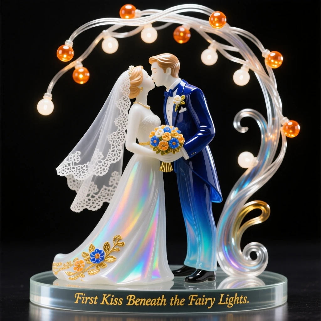 A bride and groom sharing a first kiss beneath a canopy of fairy lights, romantic and celebratory.
