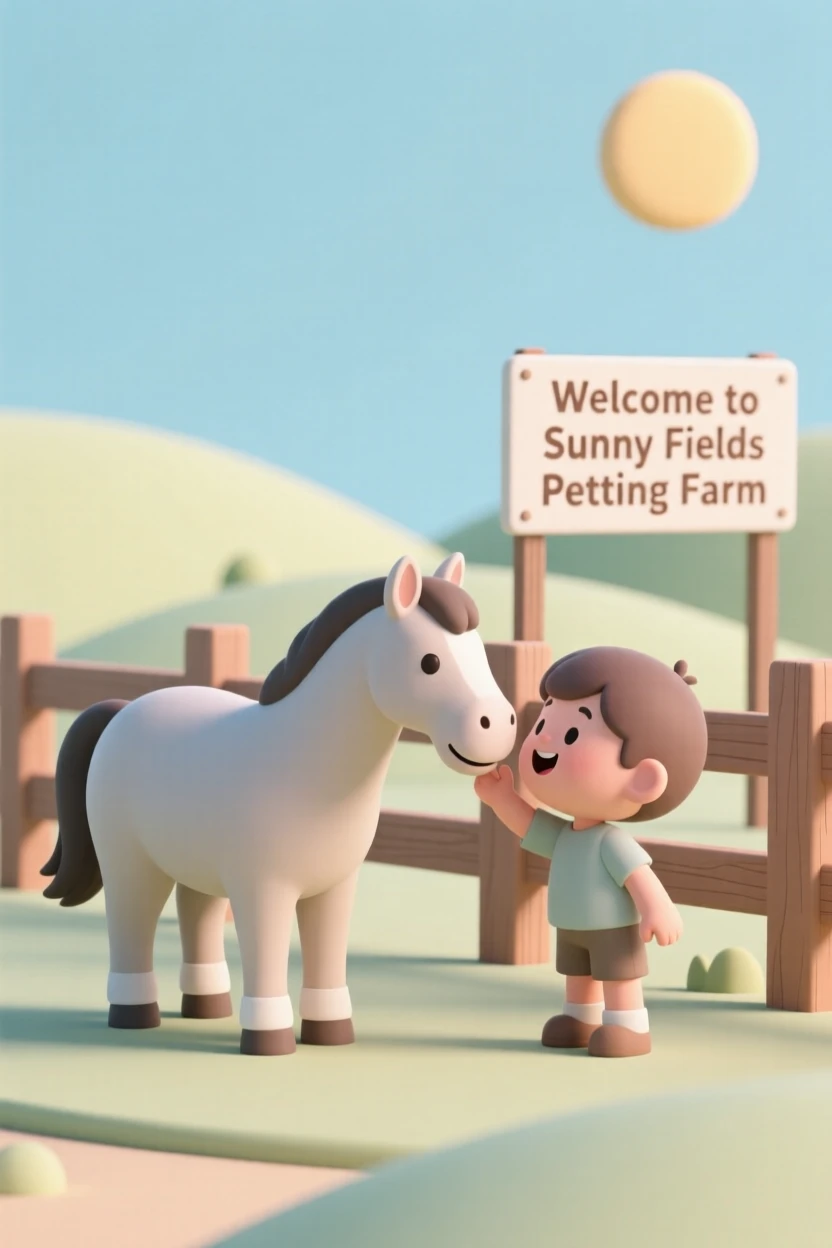 A gentle pony offers a friendly nuzzle to a delighted child at a sunny countryside petting farm.