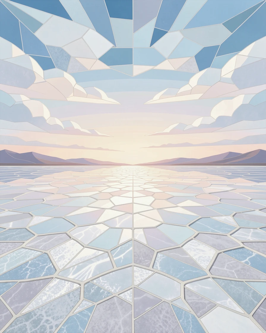 A vast salt flat mirroring the sky in perfect symmetry.