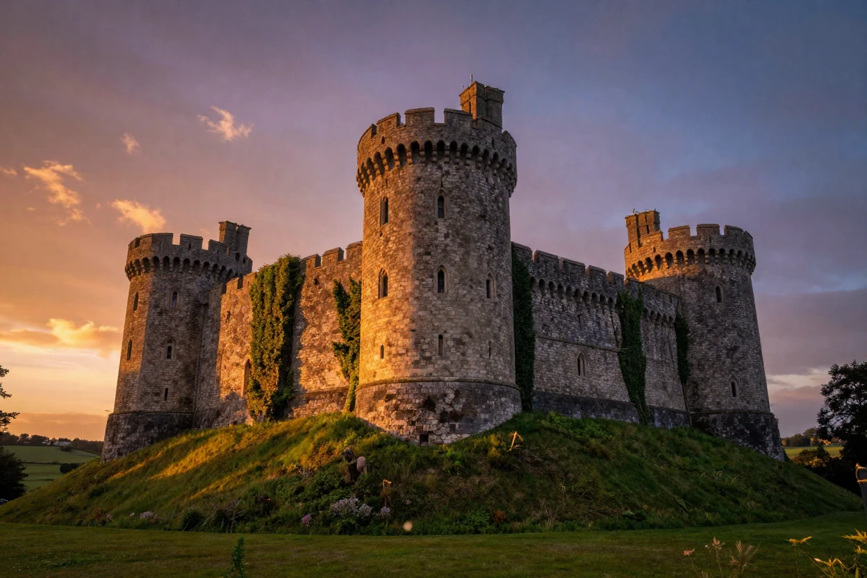 A historic castle perched on a hilltop at dusk