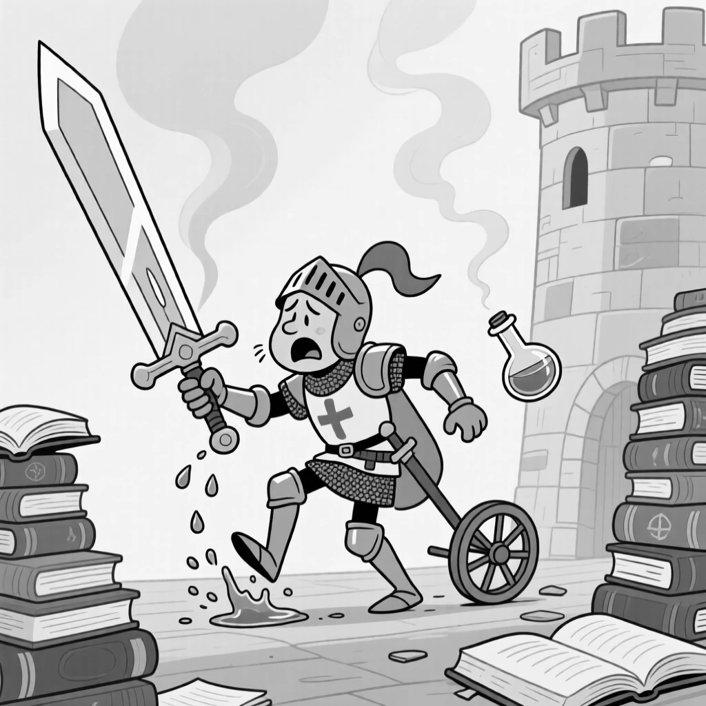 A knight tripping over his own oversized sword, sighing dramatically as another potion spills, set in a smoky tower cluttered with spellbooks. A tiny cart wheel spins uselessly in the air. There's a cozy, storybook warmth to the whole image.