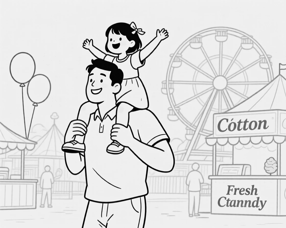 A father carrying his daughter on his shoulders at a fair