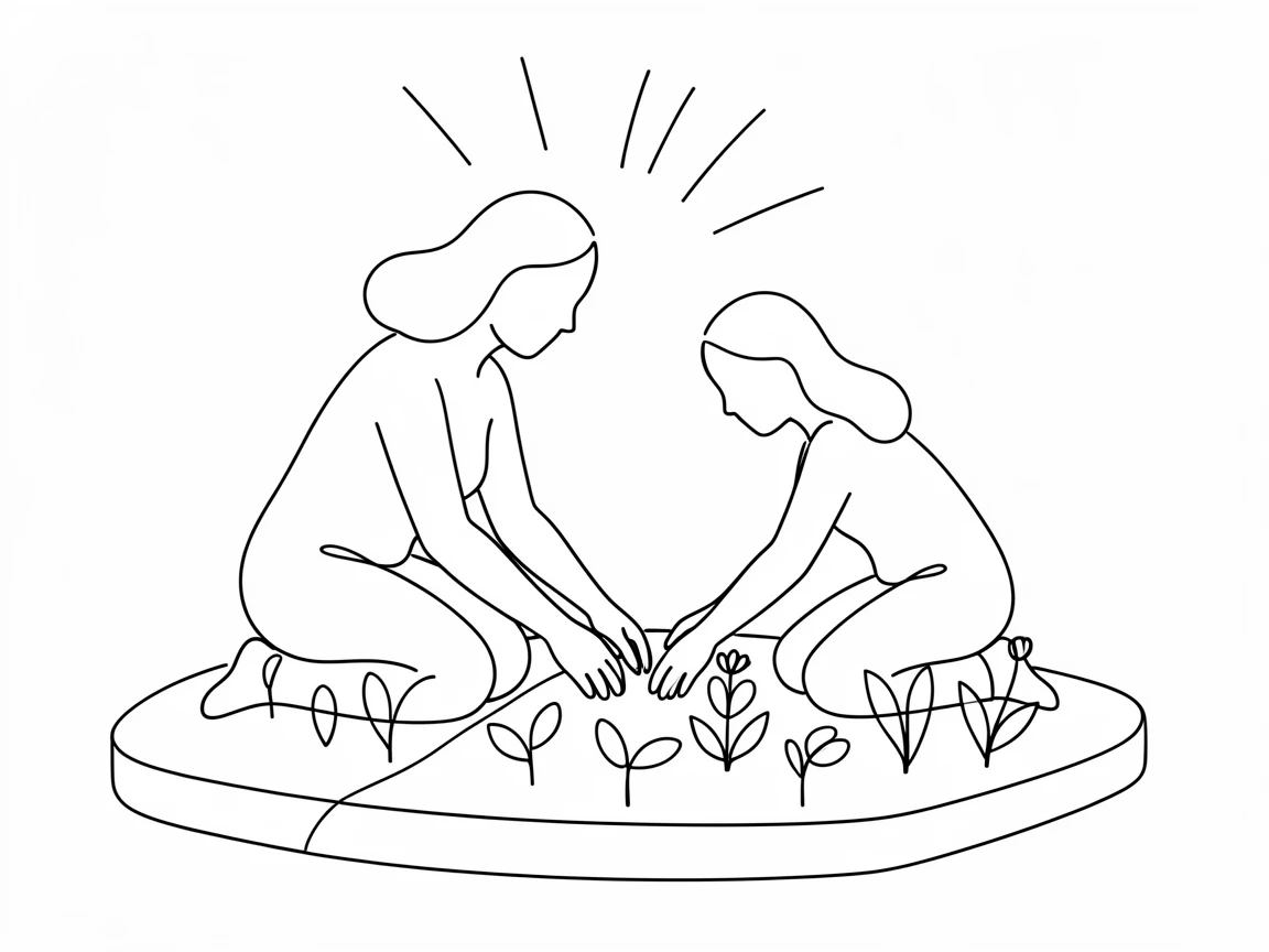 A mother and daughter gardening together in a sunny backyard plot