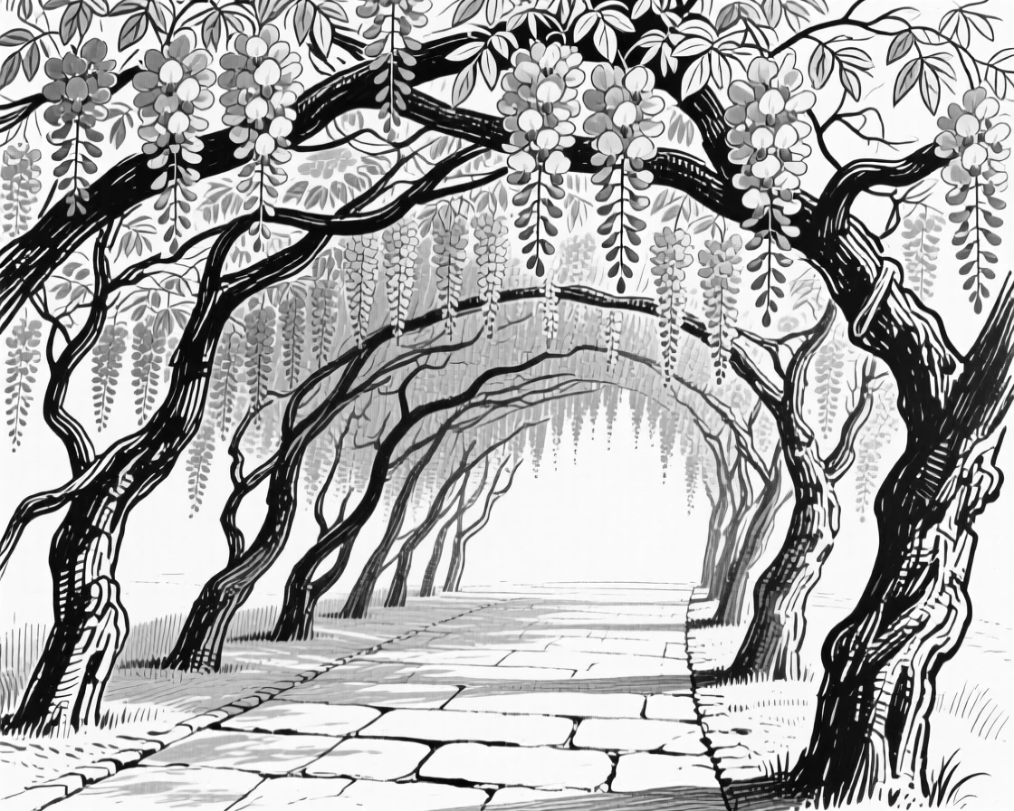 A blooming wisteria tunnel with cascading purple blossoms overhead.
