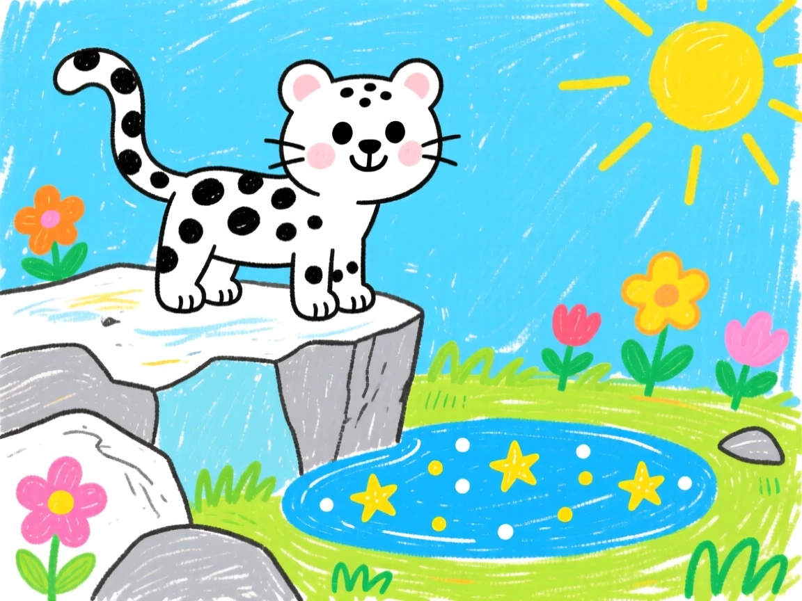 A snow leopard on a rocky cliff beside a sparkling watering hole.