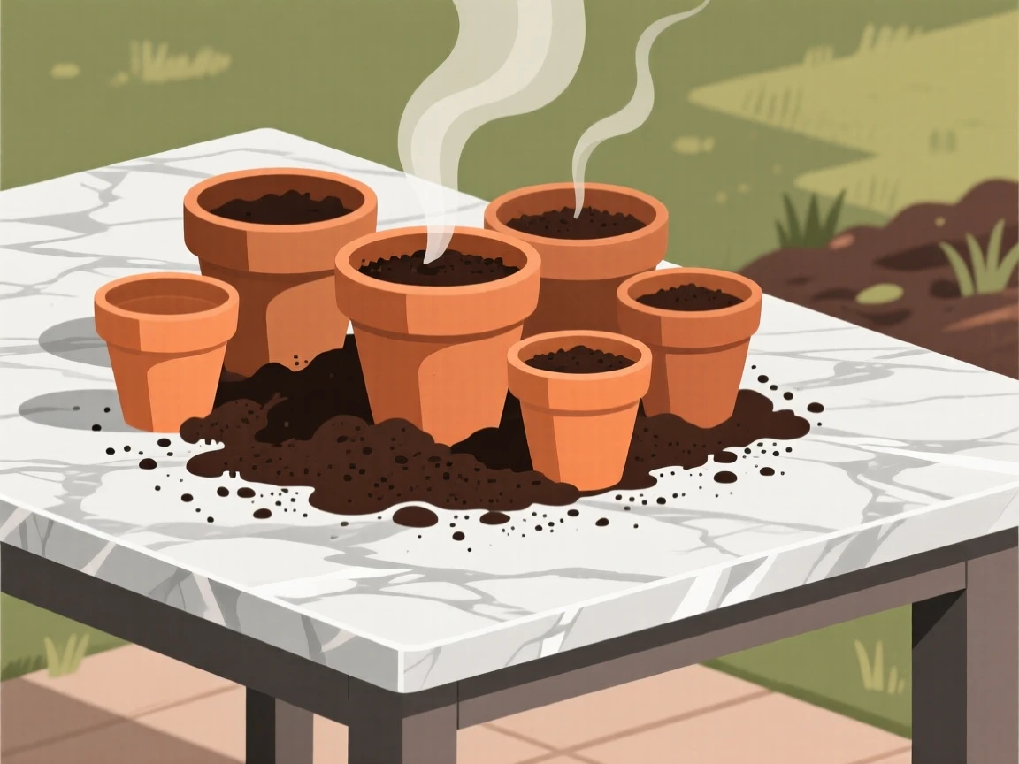 A garden potting table with fresh soil and terracotta pots, arranged on a marble countertop with clean lines, captured from a comfortable eye-level perspective, with subtle steam rising to add a warm, lived-in feel.