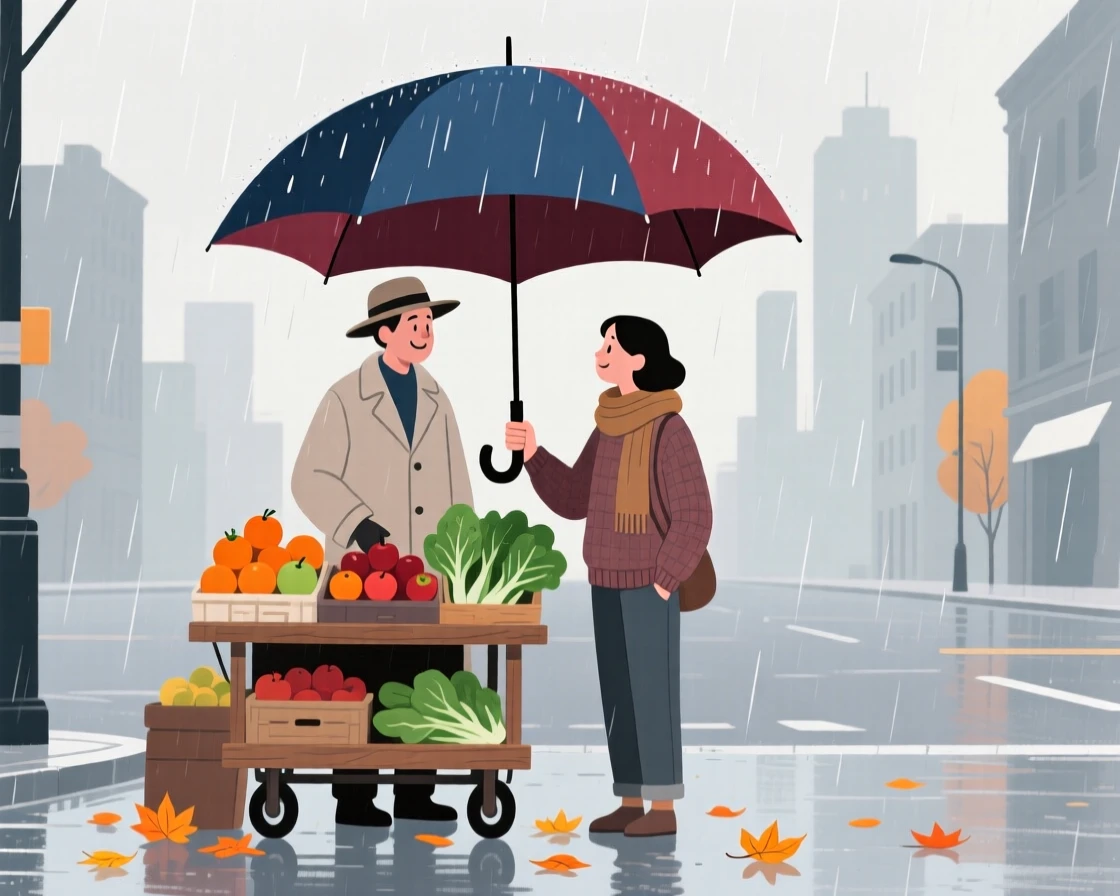 A street vendor sharing an umbrella in the rain on a quiet autumn day in the city.
