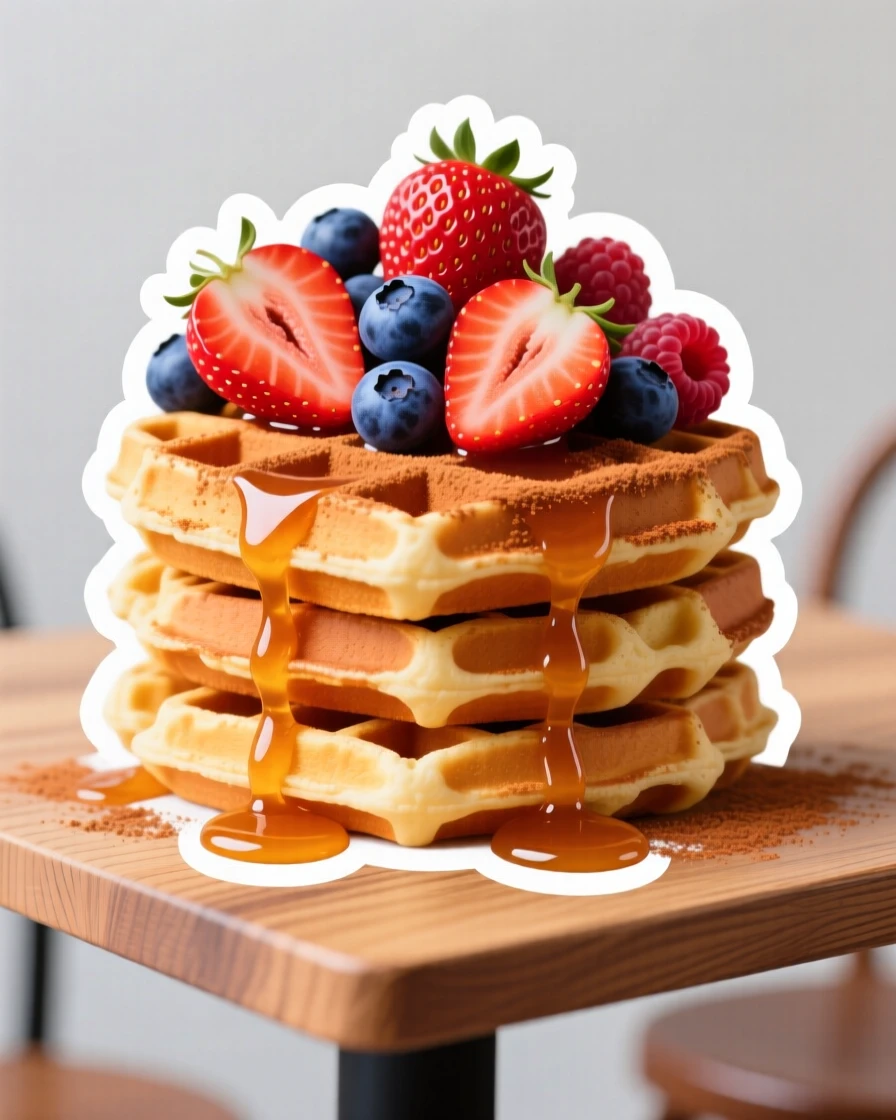A fresh and juicy stack of waffles with berries and syrup, dusted with cinnamon on top, on a cozy café table.